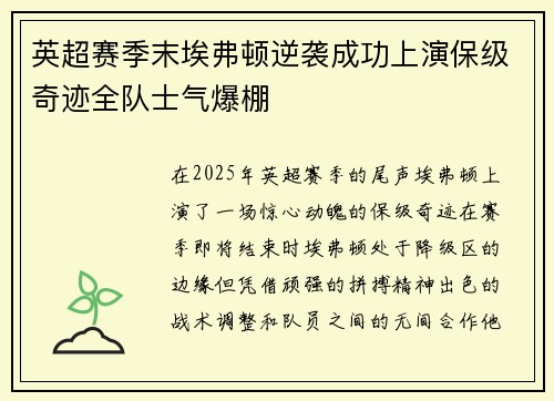 英超赛季末埃弗顿逆袭成功上演保级奇迹全队士气爆棚